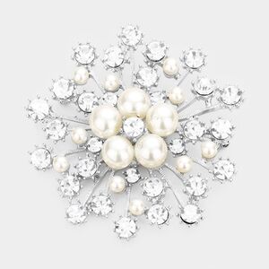 Silver White Pearl Rhinestone Brooch Floral Crystal Pin 2.5" Bling Accessory